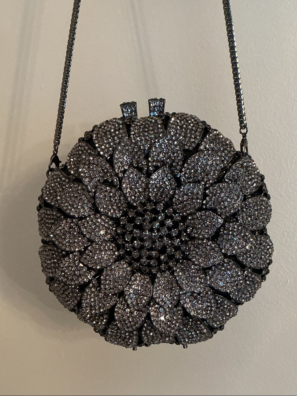 NWT Off Park Collection Designer Gun Metal Crystal Flower Evening Bag Clutch 6”